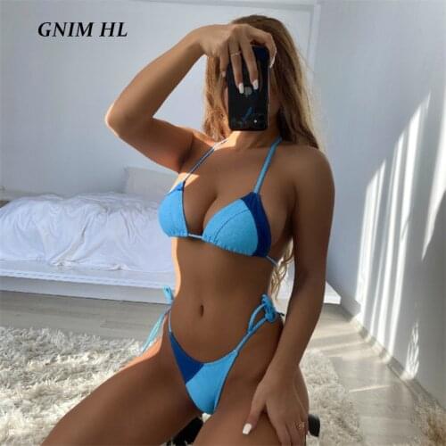 GNIM Patchwork Bikini Swimsuit Women 2021 Halter Bandage Micro Swimwear Female 2 Pieces Set Brazilian Biquini New Bathing Suit