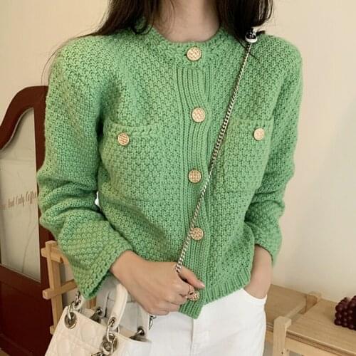 Fashion Chic Green Knitted Cardigan Womens Autumn 2021 New O-neck Loose Single Breasted Long Sleeve Sweater Coat X903