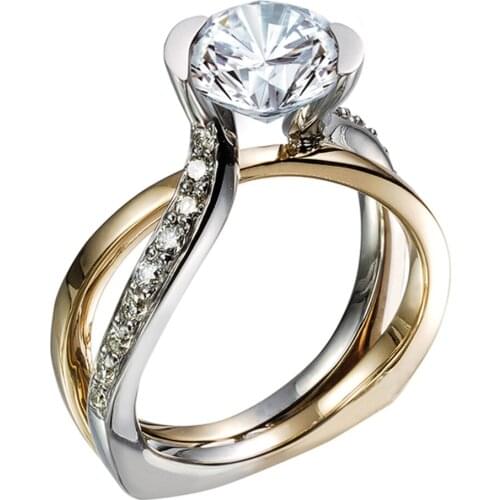 JK Classic Women Wedding Rings Ceremony Party Brilliant Cubic Zircon Stylish Two Tone Band Gorgeous Bridal Marriage Jewelry