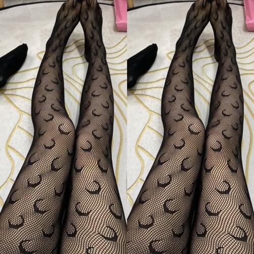 Spring Summer Fishnet Letter Tights Transparent Logo Tights Fashion Moon Pattern Thin Pantyhose Plus size Sexy Panty Collant