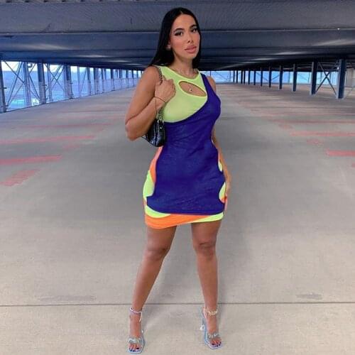 DSMTRC Dresses Summer 2021 Hollow Mesh Patchwork Sleeveless Mini Bodycon Dress Fashion Sexy Club Outfits for Women