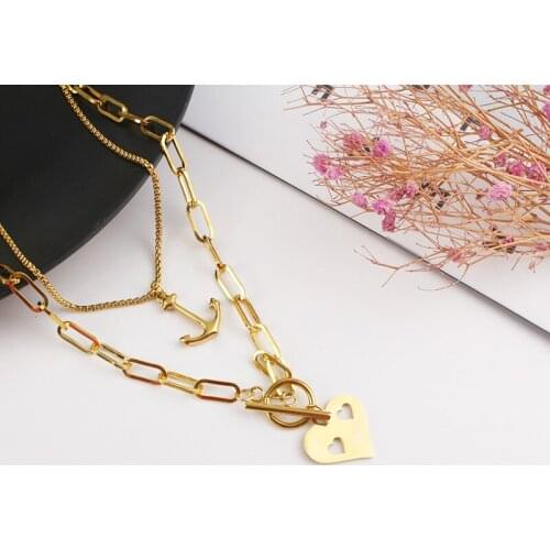 Golden Anchor Heart-shaped Multilayer Necklace Stainless Steel Love Pendant Holiday Travel Beach Couple Jewelry Gift