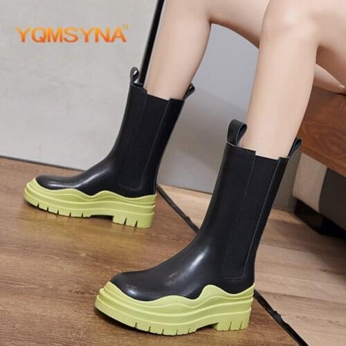 YQMSYNA Fashion Ankle Boots Comfortable Flat With Round Toe Chelsea Boots Women Genuine Leather Mixed Colors Office Shoes AS340