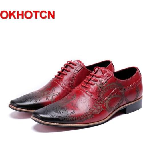 Print Italian Mens Dress Shoes Handmade Lace Up Oxford Shoes Men Square Toe Red Men Wedding Shoes 2019 New Spring Mens Oxfords