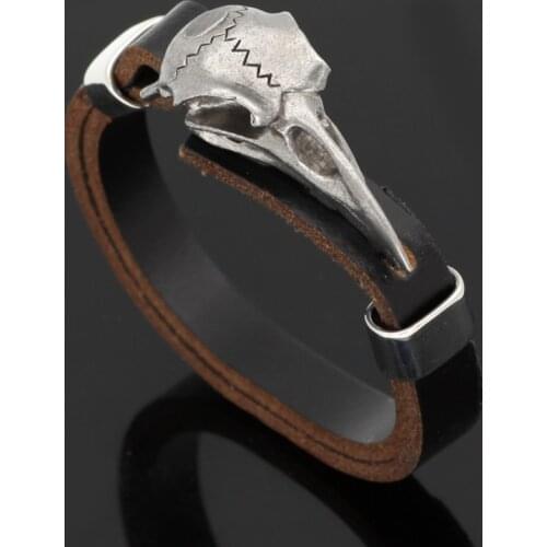 Men Retro Fashion Viking Odin Symbol Totem Crow Head Crow Pointed Beak Men Leather Bracelet