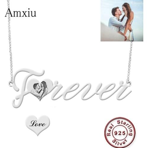 Amxiu Engrave Name Custom Photo Necklace 925 Sterling Silver Chokers Necklaces Personalized Names Necklace For Women Lovers Gift