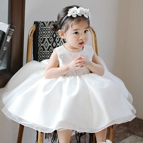 Newborn Baby Girl Dresses Beaded Lace Tulle Big Bow Baby Christening Party Gown 1 year Birthday Dress Infant Baptism Gown