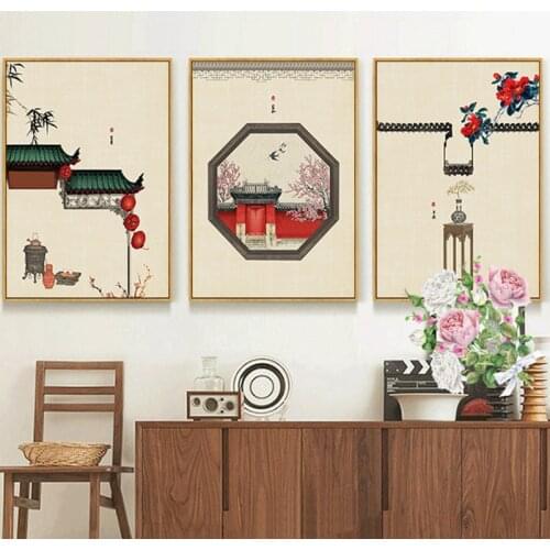Ancient Buiding Peach Blossom Temple Nordic Poster Print Chinese Style Painting On The Wall Canvas Art Picture for Living Room
