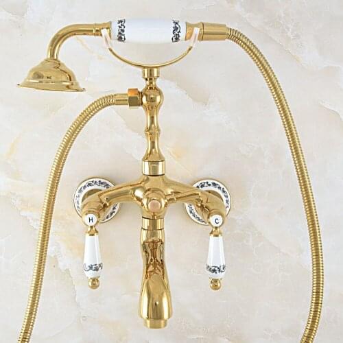 Luxury Polished Gold Color Brass Bathroom Wall Mounted Clawfoot Tub Faucet Taps Set With Hand Held Shower Head Spray mna816