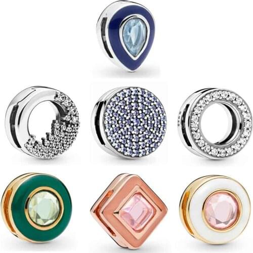 Sparkling Pink Square Green Circle Blue Droplet Reflexions Clip Charm Fit Europe Bracelet 925 Sterling Silver Bead Diy Jewelry