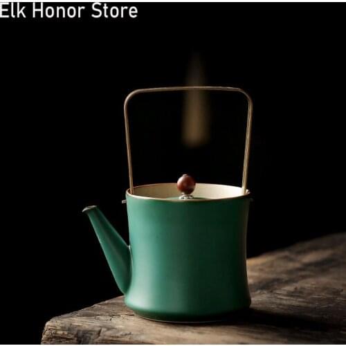 380ml Blackish Green Japanese Style Ceramic Teapot Bamboo Loop-handled Teapot Ceramic Big Capacity Teakettle Household Drinkware