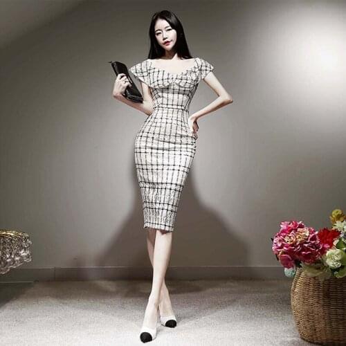 New arrival fashion party bodycon dress women elegant summer doll collar chiffon temperament plaid simple midi pencil dress