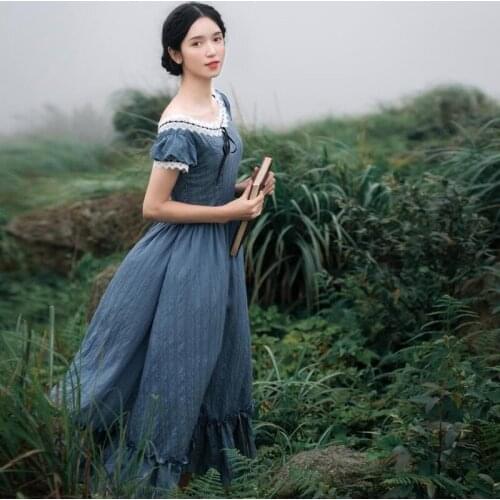 Summer Vintage Elegant Slim European Romance Blue Long Dress Retro Lace Sexy Slash Neck Women Dress Casual Everyday Dress