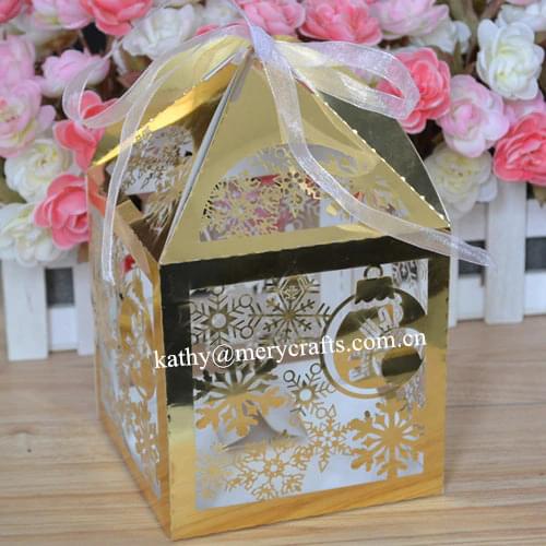 100pcs/lot free logo laser cut "snowflakes" wedding favor boxes, metallic gold Christmas cake decoration