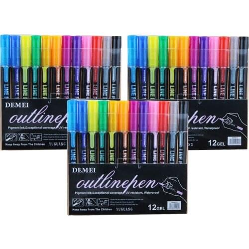 12 Colors Double Line brush Pen Metallic Color Outline Marker Glitter for Drawing Painting Doodling School Art Supplies markers