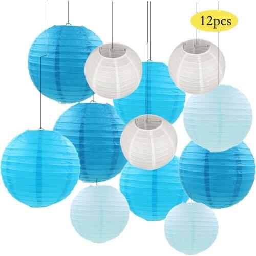 12 Pcs/set 6"-12" White Blue and Light Blue Chinese Paper lamp Lanterns Assorted Sizes for Wedding Party Hanging Decor Favor