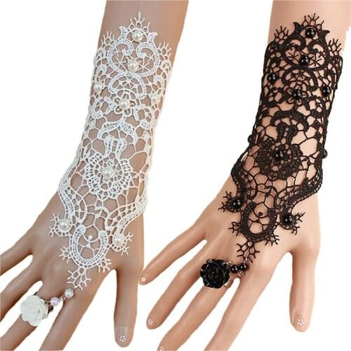 2Colors Goth Style Adjustable Women Rose Beads Flower Lace Glove With Ring Long Bracelet Women Accessories