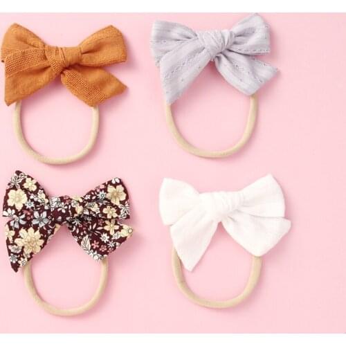 20 pcs/lot, 4 inches Hand Tied Cotton Fabric bow Nylon headbands or hair clips, Baby Girls hair accessories