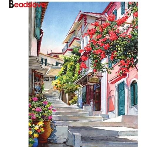 5D Cross Stitch European house landscape Diamond Painting Rhinestone Embroidery Full Square round Drill Mosaic picture by number