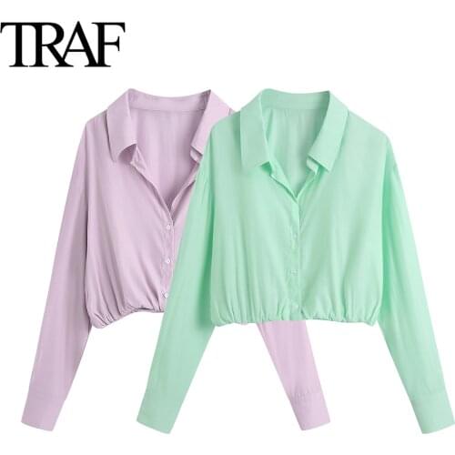 TRAF Za Womens Clothing 2021 Spring Autumn Long Sleeve Blouses Chic Loose Pink Shirt French Fashion Button Up Tops
