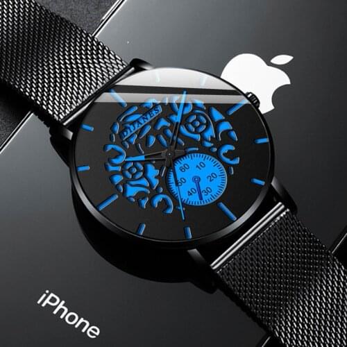 Fashion Mens Skeleton Watches Luxury Stainless Steel Mesh Belt Quartz Wrist Watch Men Business Casual Clock relogio masculino