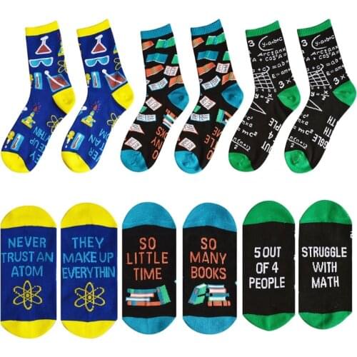 Men Women Novelty Funny Saying Cotton Crew Socks Colorful Books Science Math Pattern Letters Print Contrast Color Hosiery