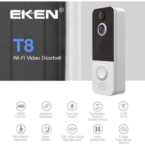 EKEN T8 Wireless Video Doorbell 1080P Visual Intercom Doorbell IP67 Waterproof Night Vision PIR Security WIFI Video Doorbell