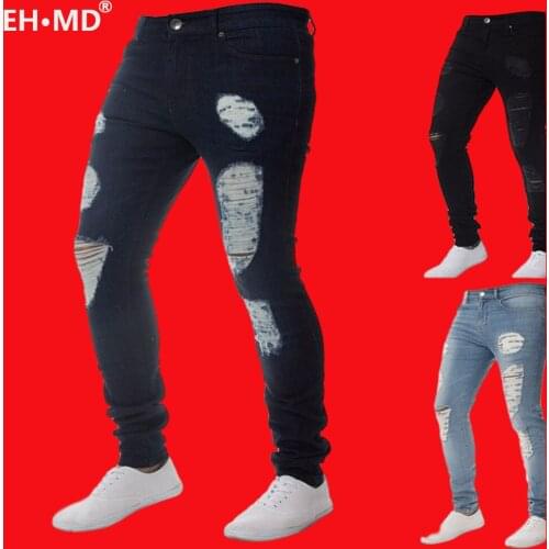 EH · MD® Solid Color Large Hole Jeans Mens Cotton High-Stretch Elastic Pencil Pants Breathable Thin Comfortable Leak-out 2020