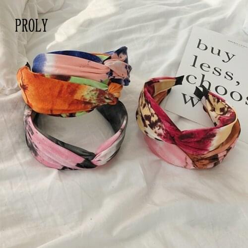 PROLY New Fashion Women Headwear Tie-dyed Fabric Headband Cross Knot Hairband Wide Side Turban Adult Hair Accessories