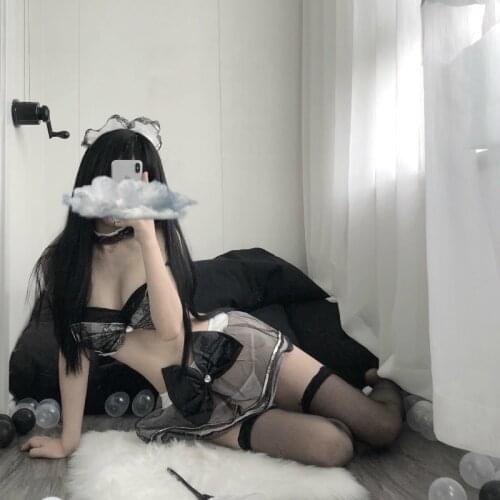 Lolita Anime Cosplay Sexy Lingerie Black Tulle Maid Uniform See Through Valentines Day Adult Costumes Fashion Bow Lingerie Sets