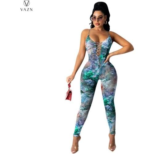 VAZN 2021 Hot Sales Print Simple Casual Daily Bandage Sleeveless Sexy Boho High-end Women Slim Wide Leg Jumpsuits