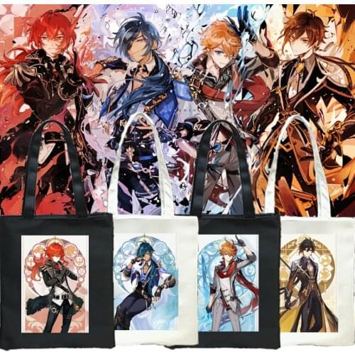 Anime Genshin Impact Klee Xiao Venti Zhong Li Canvas Bag With Zipper For Women Strap Shopper Bags Purse Totes Birthday Gift