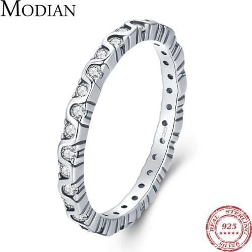 Modian 100% 925 Sterling Silver Vintage Wave Clear CZ Stackable Female Finger Ring For Women Wedding Statement Jewelry Anillo