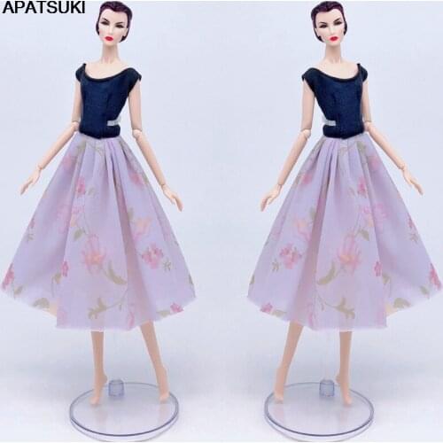 Kids Toy Fashion Doll Clothes For Barbie Doll Dress Outfits Blue Vest Top & Purple Floral Midi Skirt 1/6 Doll Accessories