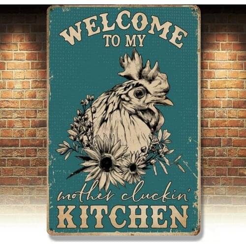 Welcome to My Mother Cluckin' Kitchen Vintage Tin Signs, Retro Metal Sign Wall Plaque Decor Funny Gifts for Bar Restaurant Home