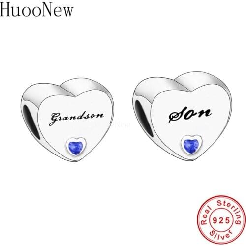 Heart Shape Charm Fit Original Charms Bracelet 925 Sterling Silver Jewelry Real 925 Sterling Silver Blue Son Grandson Beads