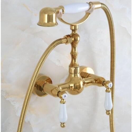 Contemporary Luxury Gold Color Brass Wall Mounted Bathtub Faucet with Handheld Shower Set +150CM Hose Mixer Tap 2na834