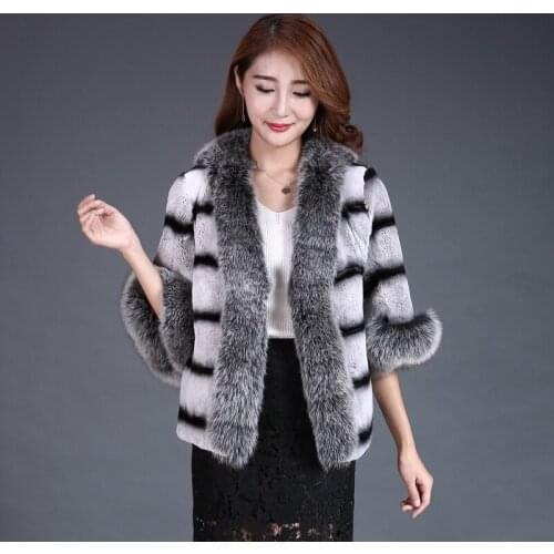 Lady Real Print Rex Rabbit Fur Jacket Coat Fox Fur Collar Autumn Winter Women Fur Trench Outerwear Coats Plus Size VF4052