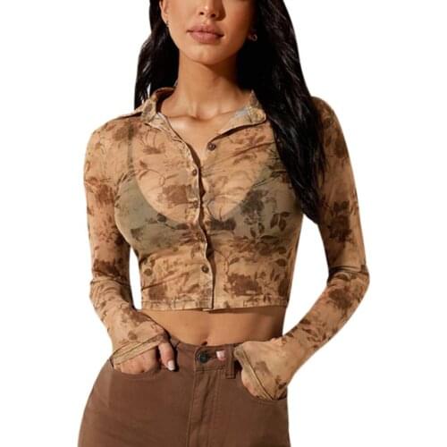 Women Button-down Shirt Adults Plant Print Long Sleeve Turn-down Collar Crop Tops