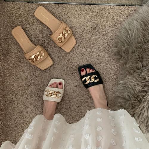Oraqwlj Women Flat shoes 2021 Summer Fashion Open-toe Sandals Ladies Low Heel Slipper Metal Chain Decoration Flats Casual Slides