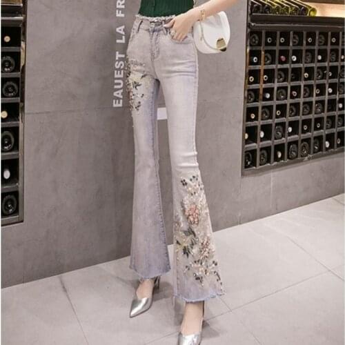 2020 New Flower Flare Jeans Women Vintage Beading Embroidery Denim Wide Leg Pants Streetwear Fashion Slim High Waist Trousers
