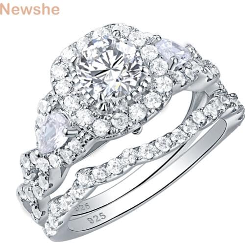 Newshe 2 Pcs Halo 925 Sterling Silver Wedding Rings For Women 1.5 Ct Round Pear Cut AAA CZ Classic Jewelry Engagement Ring Set