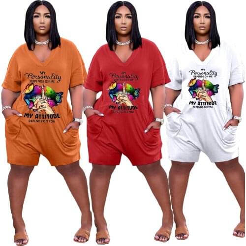 Echoine Women Lipps Print Loose playsuit Short Sleeve Casual Elegant Rompers Summer Sexy Shorts Pockets V-neck Jumpsuit Overalls