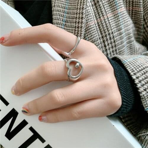 TIMEONLY Retro 2 Pieces/set Hollow Love Heart Ring for Women Girl Delicate Circle Charm Rings Korean Style Jewellery Minimalist