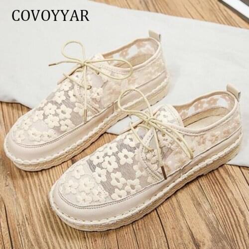 COVOYYAR Designer Womens Shoes 2021 Floral Lace-up Summer Flat Casual Shoes Woman Platform Sneakers WFS4062