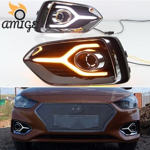 DNO LED Daytime Running Lamps For Hyundai Accent Solaris 2017 2018 2019 Auto Daylights Yellow Turn Signal12V Car Foglamp