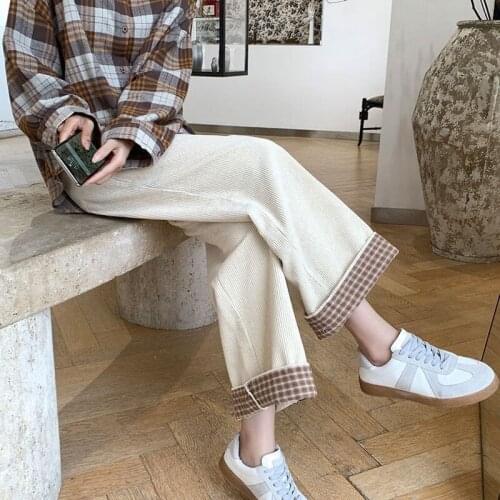 HOUZHOU Beige Corduroy Vintage Wide Leg Pants Women Korean Style Loose Pink Black Autumn Baggy Oversize Casual Trousers Female