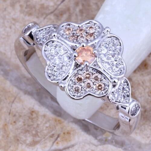 Exquisite Retro Champagne Morganite White CZ Silver Plated Flower Ring Size 6 / 7 / 8 / 9 E513