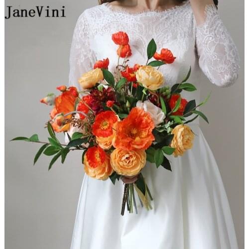 JaneVini Vintage Orange Silk Bridal Flowers Wedding Bouquets Autumn 2020 Artificial Roses Hydrangea Brides Bouquet Accessories