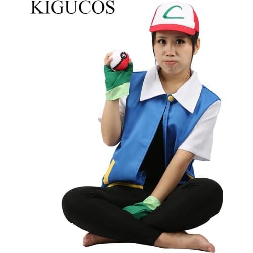 KIGUCOS Original Hot Anime Pokemon Cosplay Ash Ketchum Costumes Pocket Monster Jacket Hat Gloves Poke Ball Set